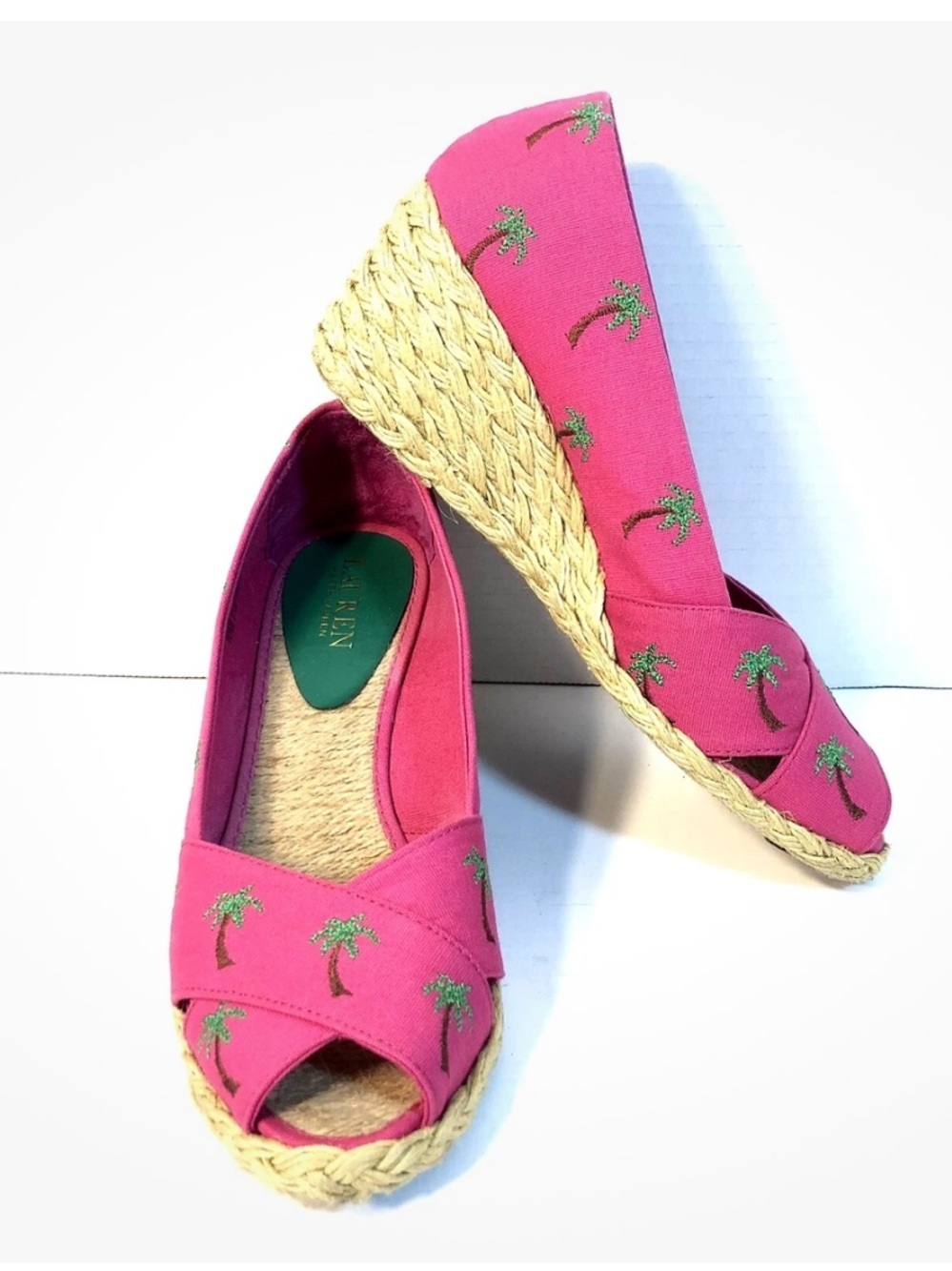 RALPH LAUREN Pink Espadrille Wedge Peep-Toe Flats with Palm Embroidery! 7